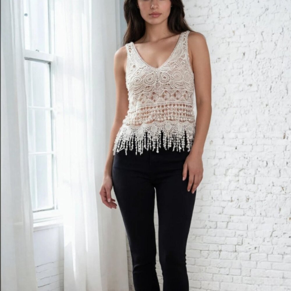 Lovely 153 Vintage Cotton Cream Crochet Top Boho Fairy Whimsy Cottagecore L
